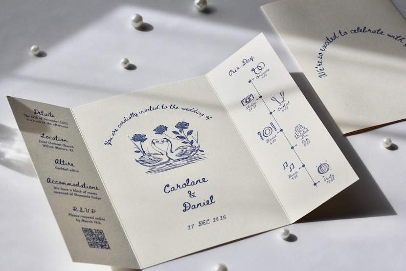 Swan Wedding Gatefold Invitation Suite, Vintage Wedding Invite, Whimsical + Blue Hand Drawn Design, Ivory Luxury Textured Cardstock