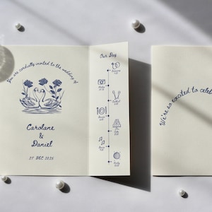 Swan Wedding Gatefold Invitation Suite, Vintage Wedding Invite, Whimsical + Blue Hand Drawn Design, Ivory Luxury Textured Cardstock