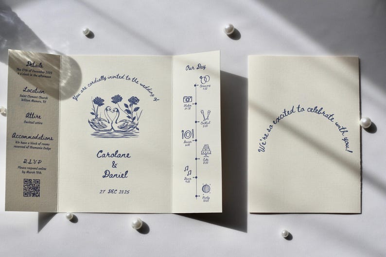 Swan Wedding Gatefold Invitation Suite, Vintage Wedding Invite, Whimsical + Blue Hand Drawn Design, Ivory Luxury Textured Cardstock