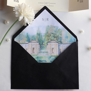 Watercolor Wedding Venue Invitation with Inner Lined Envelope, Gatefold Invitation Suite for Destination Weddings, Luxury Textured Cardstock