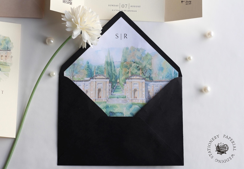 Watercolor Wedding Venue Invitation with Inner Lined Envelope, Gatefold Invitation Suite for Destination Weddings, Luxury Textured Cardstock