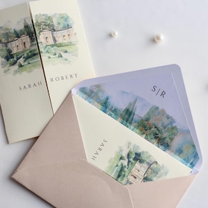 Watercolor Wedding Venue Invitation with Inner Lined Envelope, Gatefold Invitation Suite for Destination Weddings, Luxury Textured Cardstock