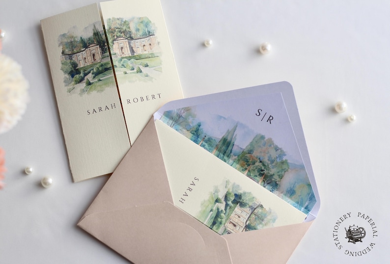 Watercolor Wedding Venue Invitation with Inner Lined Envelope, Gatefold Invitation Suite for Destination Weddings, Luxury Textured Cardstock