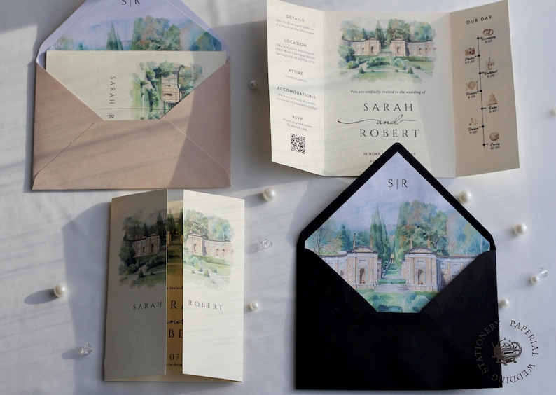 Watercolor Wedding Venue Invitation with Inner Lined Envelope, Gatefold Invitation Suite for Destination Weddings, Luxury Textured Cardstock