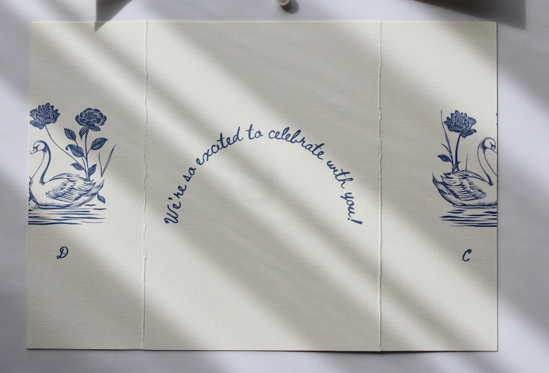Swan Wedding Gatefold Invitation Suite, Vintage Wedding Invite, Whimsical + Blue Hand Drawn Design, Ivory Luxury Textured Cardstock