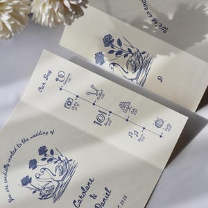 Swan Wedding Gatefold Invitation Suite, Vintage Wedding Invite, Whimsical + Blue Hand Drawn Design, Ivory Luxury Textured Cardstock