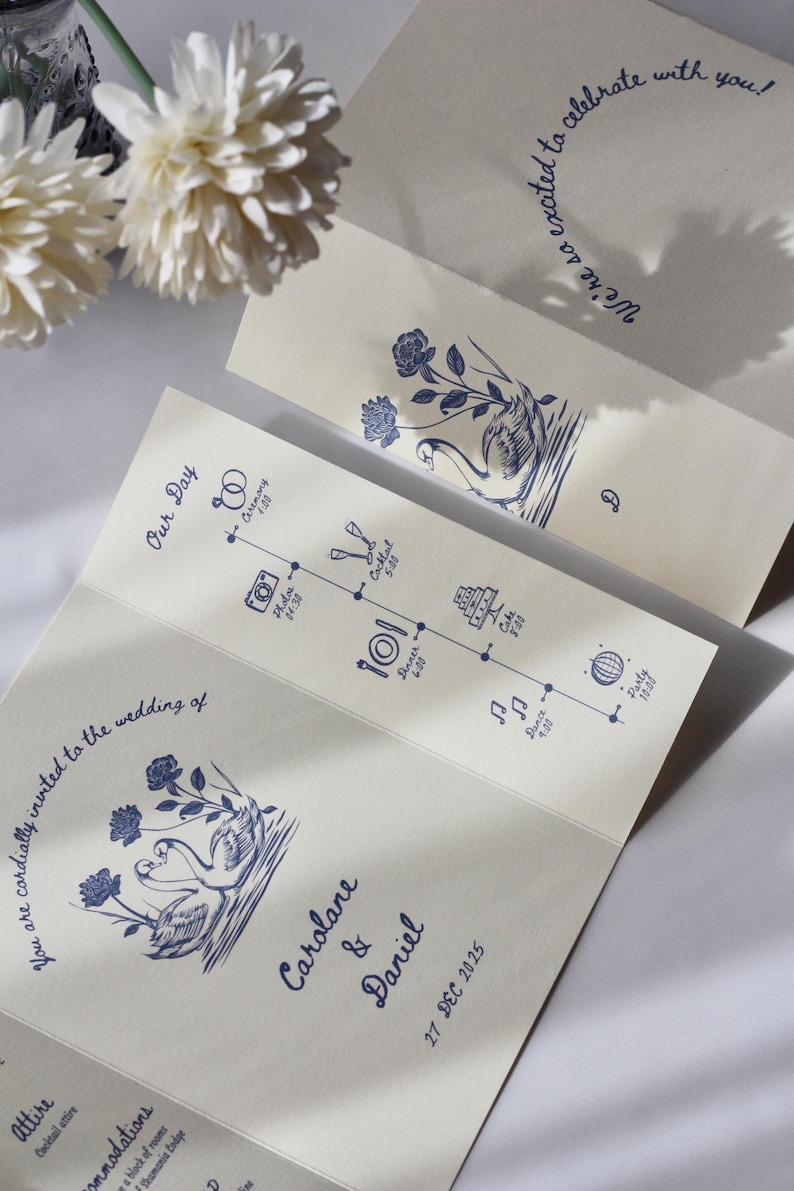 Swan Wedding Gatefold Invitation Suite, Vintage Wedding Invite, Whimsical + Blue Hand Drawn Design, Ivory Luxury Textured Cardstock