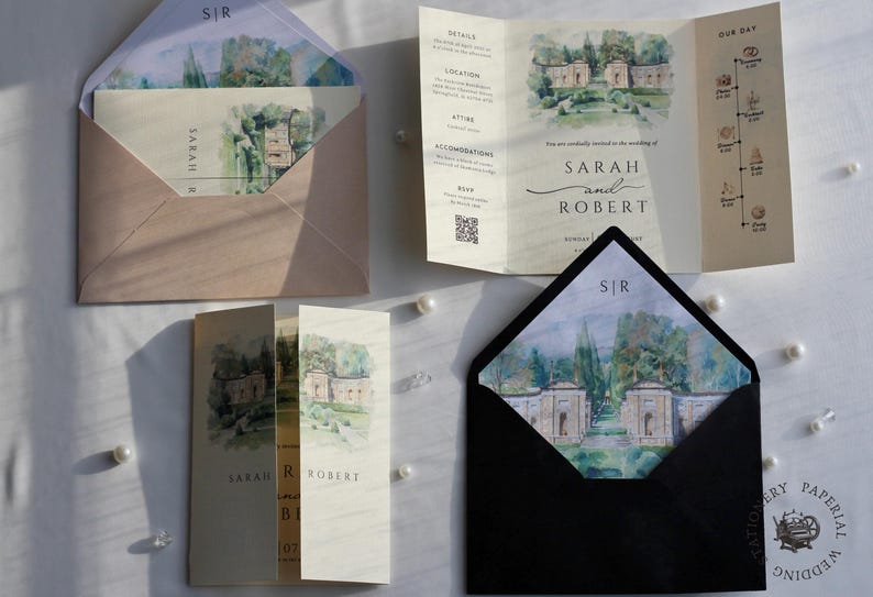 Watercolor Wedding Venue Invitation with Inner Lined Envelope, Gatefold Invitation Suite for Destination Weddings, Luxury Textured Cardstock