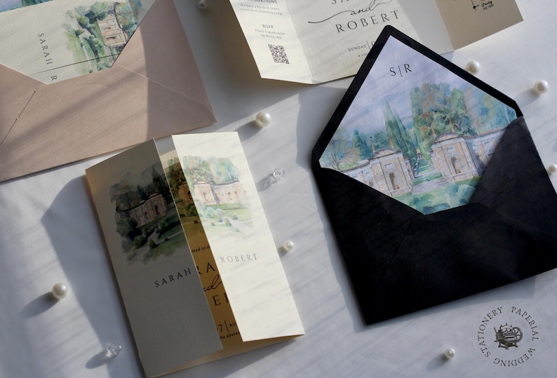 Watercolor Wedding Venue Invitation with Inner Lined Envelope, Gatefold Invitation Suite for Destination Weddings, Luxury Textured Cardstock