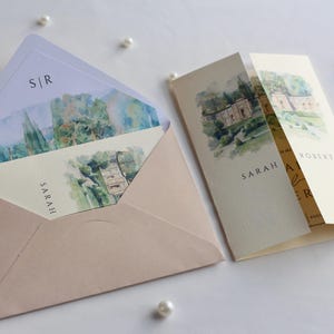 Watercolor Wedding Venue Invitation with Inner Lined Envelope, Gatefold Invitation Suite for Destination Weddings, Luxury Textured Cardstock