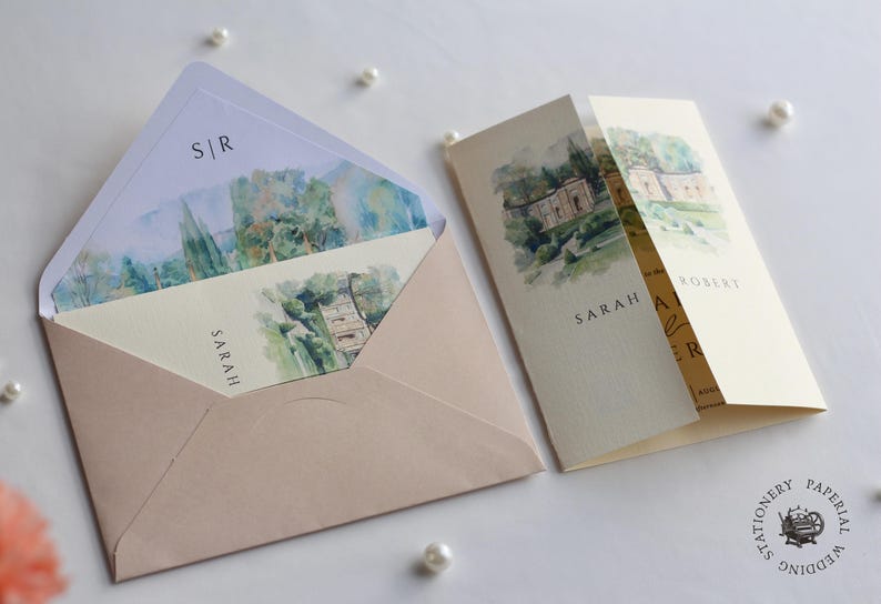 Watercolor Wedding Venue Invitation with Inner Lined Envelope, Gatefold Invitation Suite for Destination Weddings, Luxury Textured Cardstock