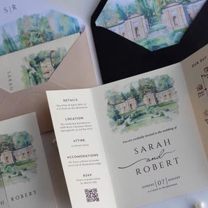 Watercolor Wedding Venue Invitation with Inner Lined Envelope, Gatefold Invitation Suite for Destination Weddings, Luxury Textured Cardstock