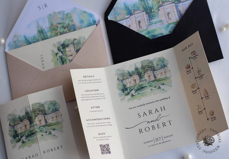 Watercolor Wedding Venue Invitation with Inner Lined Envelope, Gatefold Invitation Suite for Destination Weddings, Luxury Textured Cardstock