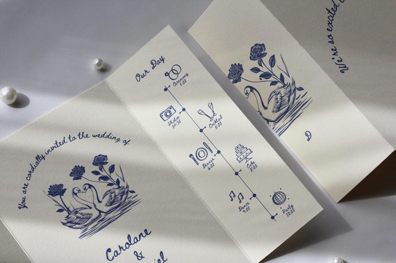 Swan Wedding Gatefold Invitation Suite, Vintage Wedding Invite, Whimsical + Blue Hand Drawn Design, Ivory Luxury Textured Cardstock