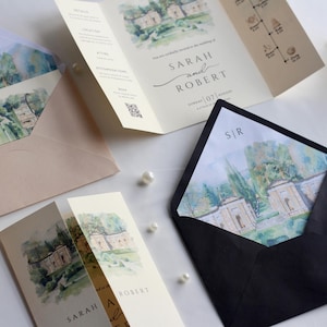 Watercolor Wedding Venue Invitation with Inner Lined Envelope, Gatefold Invitation Suite for Destination Weddings, Luxury Textured Cardstock