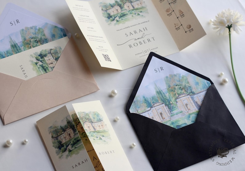 Watercolor Wedding Venue Invitation with Inner Lined Envelope, Gatefold Invitation Suite for Destination Weddings, Luxury Textured Cardstock
