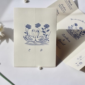 Swan Wedding Gatefold Invitation Suite, Vintage Wedding Invite, Whimsical + Blue Hand Drawn Design, Ivory Luxury Textured Cardstock