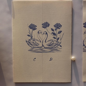 Swan Wedding Gatefold Invitation Suite, Vintage Wedding Invite, Whimsical + Blue Hand Drawn Design, Ivory Luxury Textured Cardstock