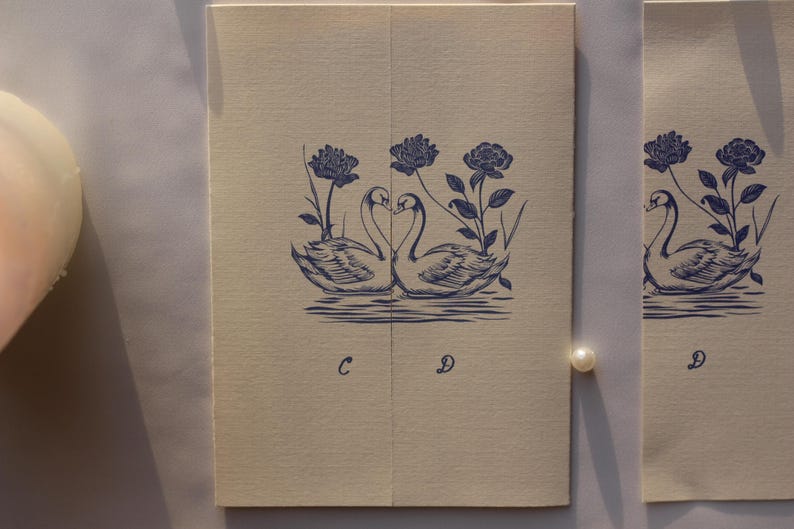 Swan Wedding Gatefold Invitation Suite, Vintage Wedding Invite, Whimsical + Blue Hand Drawn Design, Ivory Luxury Textured Cardstock