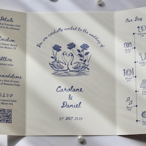 Swan Wedding Gatefold Invitation Suite, Vintage Wedding Invite, Whimsical + Blue Hand Drawn Design, Ivory Luxury Textured Cardstock