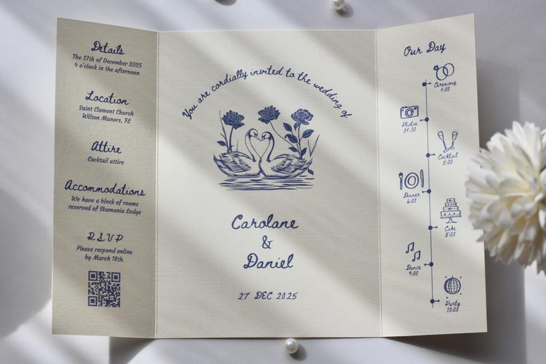Swan Wedding Gatefold Invitation Suite, Vintage Wedding Invite, Whimsical + Blue Hand Drawn Design, Ivory Luxury Textured Cardstock