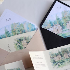 Watercolor Wedding Venue Invitation with Inner Lined Envelope, Gatefold Invitation Suite for Destination Weddings, Luxury Textured Cardstock