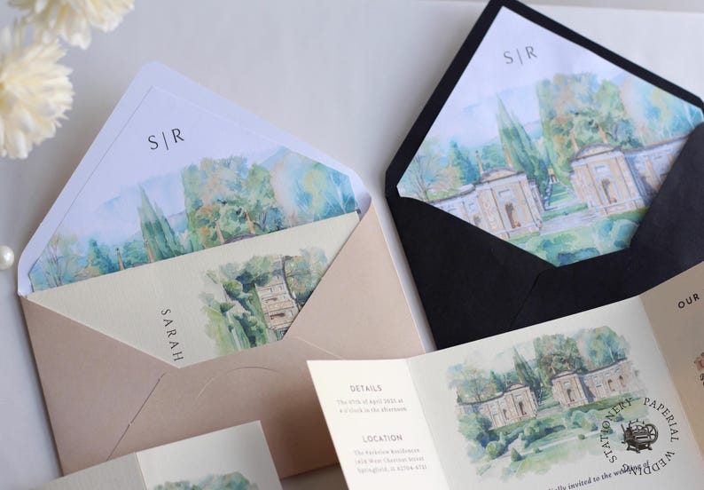 Watercolor Wedding Venue Invitation with Inner Lined Envelope, Gatefold Invitation Suite for Destination Weddings, Luxury Textured Cardstock