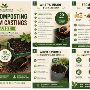 May include: A 20-page home composting and worm castings guide by Lusta Kertész. The document features five sections detailing organic composting, worm bin setup, troubleshooting, soil health benefits, and gardening tips with illustrations.