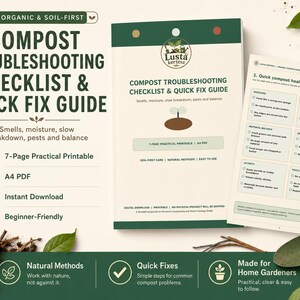 May include: A compost troubleshooting checklist and quick fix guide in a 7-page A4 PDF format. The document features dark green text on a cream background, including sections for moisture, air, material balance, and pests, with a small garden trowel.