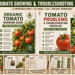 May include: A digital bundle of two printable PDF guides titled Tomato Growing & Troubleshooting Bundle. The first guide covers organic tomato cultivation, while the second provides a checklist for identifying and managing plant problems.