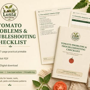Könnte beinhalten: Eine 7-seitige A4-PDF-Checkliste zur Fehlerbehebung bei Tomatenproblemen mit einem Logo, das eine Pflanze und eine Gießkanne zeigt. Das Dokument enthält Abschnitte zur Diagnose und ein Protokoll, begleitet von frischen roten Tomaten.