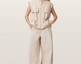 Oversized Leather Vest for Women Minimalist Sleeveless Jacket Zip Up Streetwear Biker Fashion Waistcoat