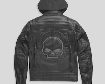 Harley Davidson Auroral Leather Jacket with removable Hooded, Genuine Cowhide Motorcycle Riding Jacket