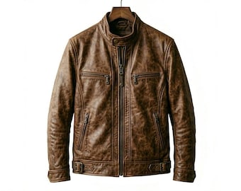 Men's Brown Leather Jacket – Slim Fit Café Racer Style Genuine Outerwear