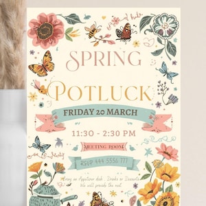Op de afbeelding: Een crème-kleurige uitnodiging met bloemen- en vlinderillustraties. De tekst luidt "Spring Potluck, vrijdag 20 maart, 11:30 - 14:30 uur, Meeting Room, RSVP 444 5556 777." Bevat een verzoek om een voorgerecht, drankjes of desserts mee te nemen.