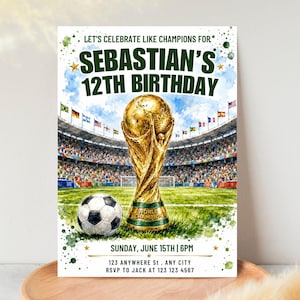 May include: A birthday invitation with a soccer theme. The invitation features a gold trophy, a soccer ball, and the text "Sebastian's 12th Birthday." The background includes a stadium and flags.