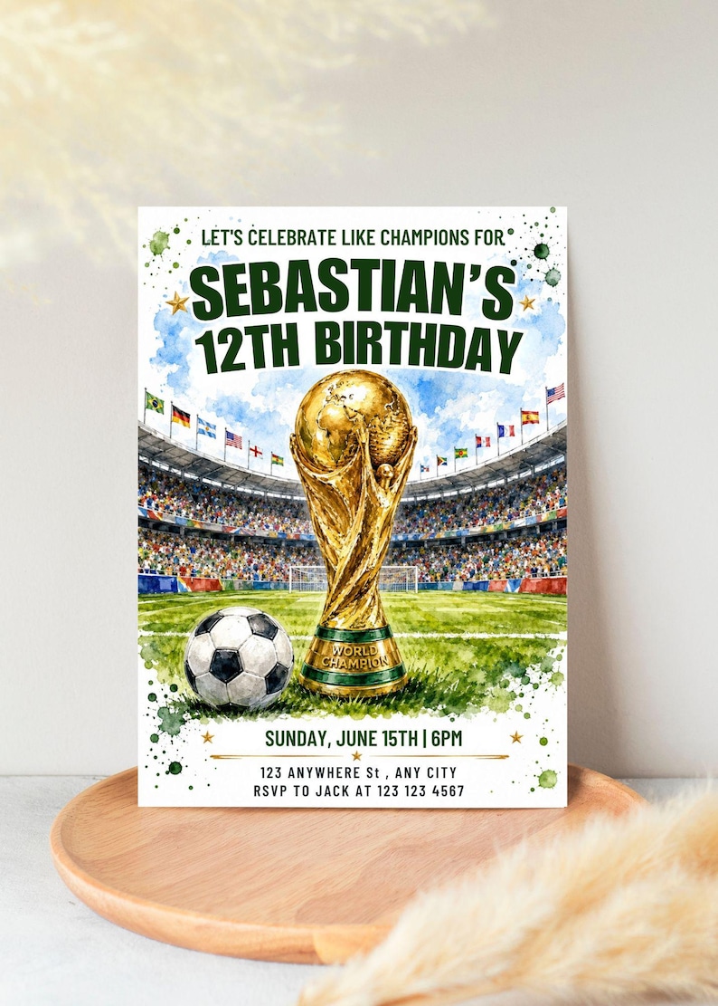 May include: A birthday invitation with a soccer theme. The invitation features a gold trophy, a soccer ball, and the text "Sebastian's 12th Birthday." The background includes a stadium and flags.