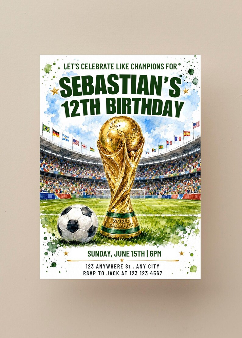May include: A soccer-themed birthday invitation with a gold trophy, soccer ball, and stadium background. The invitation reads "Sebastian's 12th Birthday" with event details. The design includes green and blue watercolor accents.