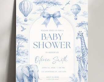 Blue Toile Safari Baby Shower Invitation, Animal Boy Shower (Digital Download)
