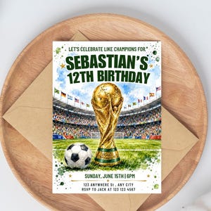 May include: A birthday invitation featuring a soccer theme. The invitation includes a golden trophy, a soccer ball, and the text "Let's Celebrate Like Champions For Sebastian's 12th Birthday". The date and time are also included.