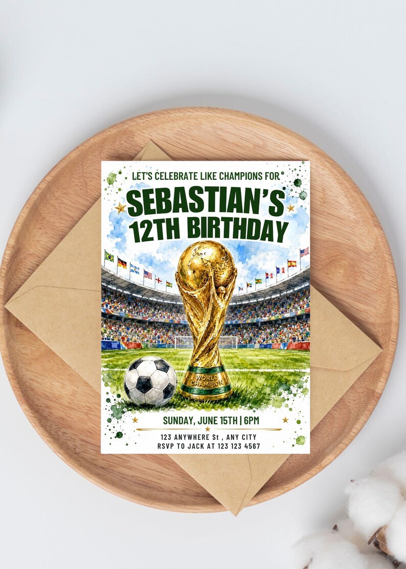 May include: A birthday invitation featuring a soccer theme. The invitation includes a golden trophy, a soccer ball, and the text "Let's Celebrate Like Champions For Sebastian's 12th Birthday". The date and time are also included.