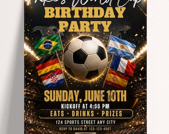 World Cup Birthday Watch Party Invitation Black, Editable Canva Template (Digital Download)