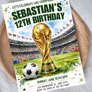 May include: A soccer-themed birthday invitation featuring a gold trophy, soccer ball, and stadium backdrop. The invitation reads "Let's Celebrate Like Champions For Sebastian's 12th Birthday" with event details. The design includes watercolor elements.