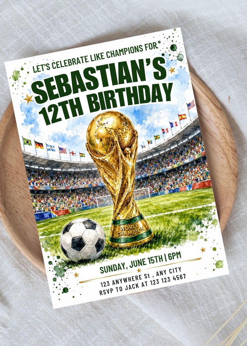 May include: A soccer-themed birthday invitation featuring a gold trophy, soccer ball, and stadium backdrop. The invitation reads "Let's Celebrate Like Champions For Sebastian's 12th Birthday" with event details. The design includes watercolor elements.