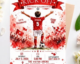 Football Birthday Invitation Canva Arsenal Sports Party Invite Editable Printable Download