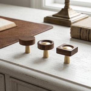 Walnut Wood Cabinet Knobs, Brass Drawer Pulls, Round Square Dresser Knobs, Modern Kitchen Cabinet Hardware, Minimalist Furniture Handles