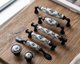 Keramikschrankknauf, Vintage-Muster Schubladengriffe, mattschwarze Kommode Knäufe, Bauernhaus Küche Eitelkeit Hardware Dekor