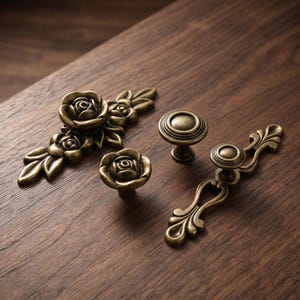 Op de afbeelding: Een verzameling antieke messing kastbeslagen, waaronder roosvormige knoppen en een decoratieve greep. De beslagen zijn geplaatst op een donker houten oppervlak, waarbij de ingewikkelde details en warme tinten van het metaal worden getoond.