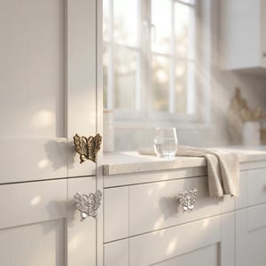 Puede incluir: Primer plano de herrajes de armario con forma de mariposa en acabados de latón antiguo y plata. Los pomos decorativos están montados en puertas y cajones de armarios blancos. El ambiente de la cocina incluye una encimera, un vaso de agua y una ventana.
