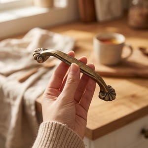 May include: An antique brass cabinet pull with a curved design. The handle features decorative shell-like accents on each end. The pull is held in a hand against a blurred background of a kitchen setting.